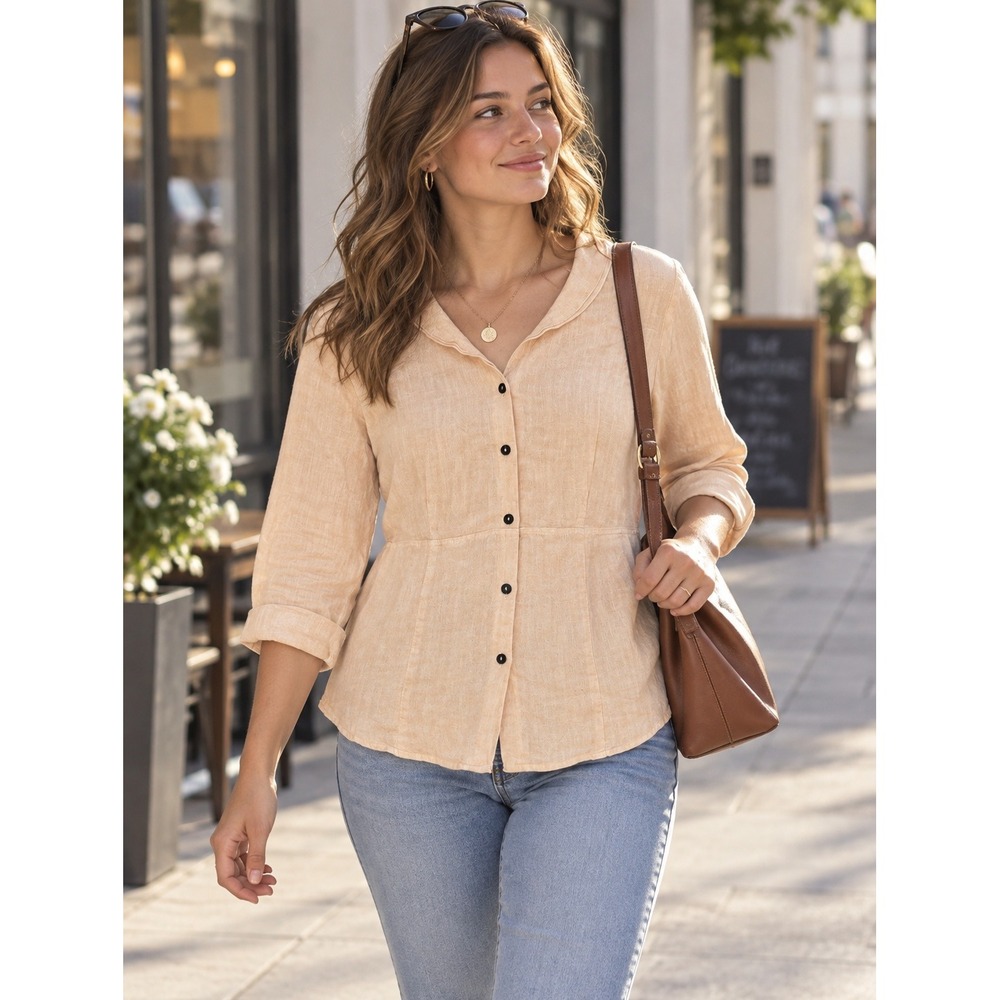 Hot Cotton Button Front Blouse Womens Small Peach Linen Blend 3/4 Sleeve Top